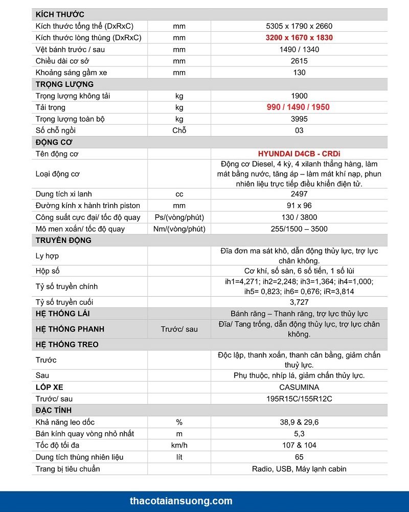Thông số kĩ thuật xe tải KIA K200 Mui bạt 5 bửng