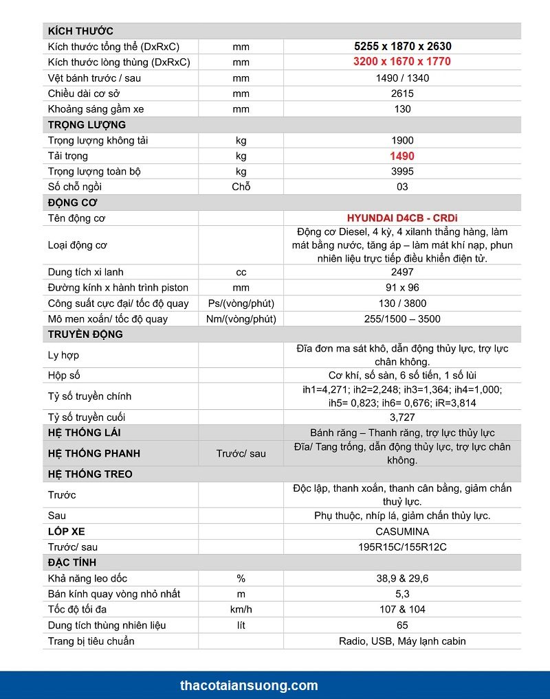 Thông số kĩ thuật xe tải KIA K200 thùng cánh dơi